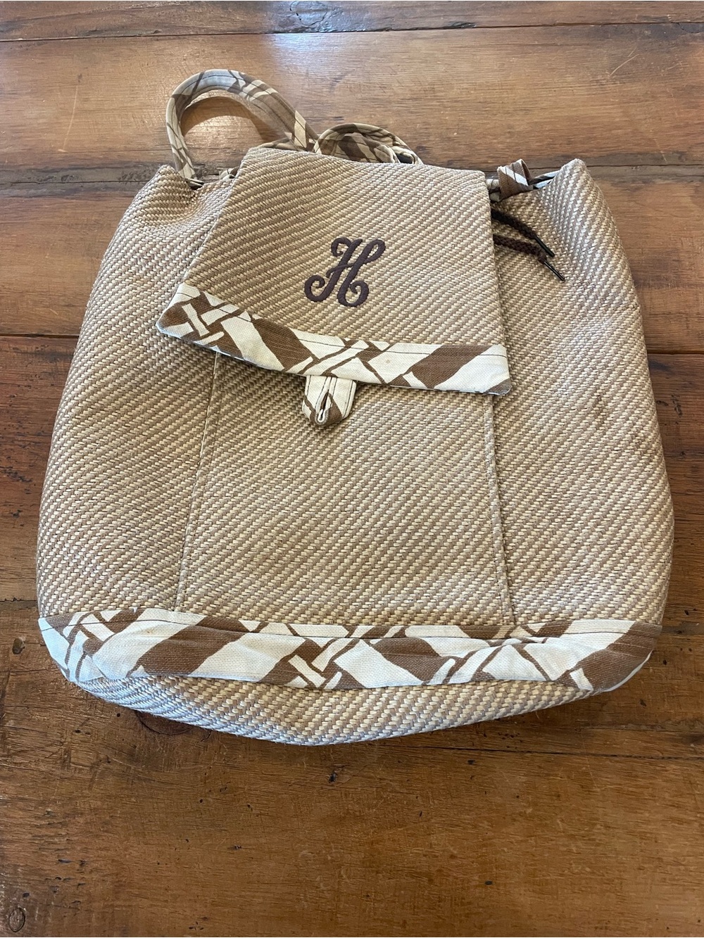 Monogram Beige Woven Tote Bag with Brown Trim